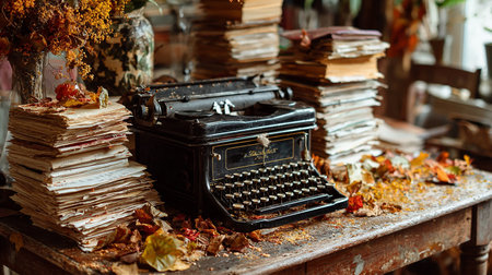 Vintage typewriter and books on a table with autumn leaves.の素材