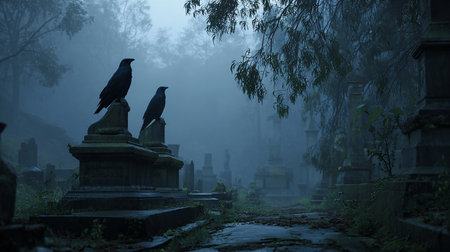 Crows sitting on a gravestone in a misty graveyard.の素材