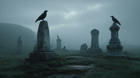 Crows sitting on gravestones in foggy graveyard. Halloween conceptの素材