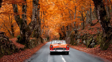 Red vintage car on the road in autumn forestの素材