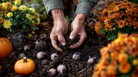 Hands of senior man planting a pumpkin in the garden. Selective focus.の素材