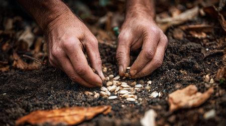 Farmer hands planting seeds in the soil. Selective focus.の素材