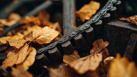 Close-up of a gear wheel and chain in autumn leaves.の素材