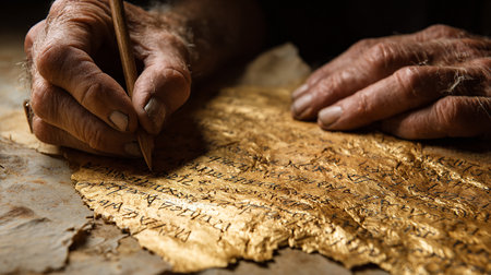 Closeup image of an old man writing on paper with a pencilの素材