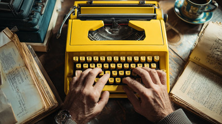 Retro typewriter and a cup of coffee on a wooden tableの素材