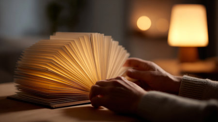Man reading book on table at home, closeup. Reading conceptの素材