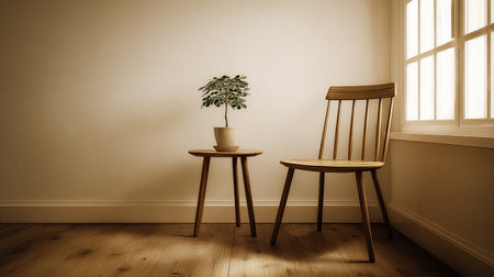 Two wooden chairs against the wall with a plant in a vaseの素材