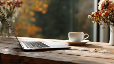 Laptop and cup of coffee on wooden table in front of windowの素材