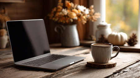 Coffee cup and laptop on wooden table in cozy home interiorの素材
