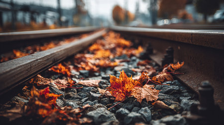 Autumn leaves on the railway tracks. The concept of travel.の素材