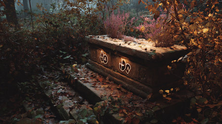 Witchcraft grave in the forest. Halloween concept. 3d renderingの素材