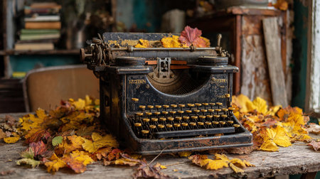 Vintage typewriter with autumn leaves on a wooden table in an abandoned houseの素材
