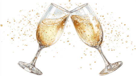 Two glasses of champagne with splashes, isolated on white background.の素材