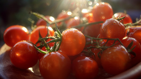 Cherry tomatoes on the vine in the sun. Selective focus.の素材