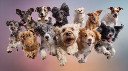Group of dogs in different poses on colorful background. Studio shot.の素材