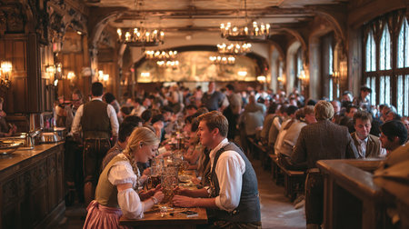 Unidentified people in traditional Bavarian clothes at the Oktoberfestの素材