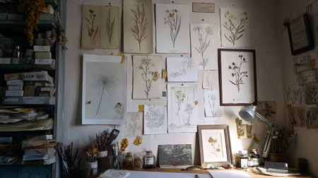 Interior of artist's studio with hand painted paintings and tools.の素材