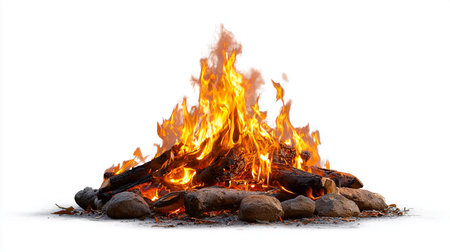 Burning campfire isolated on white background. Clipping path includedの素材