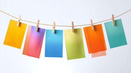 Colorful paper notes hanging on a clothesline on a white backgroundの素材