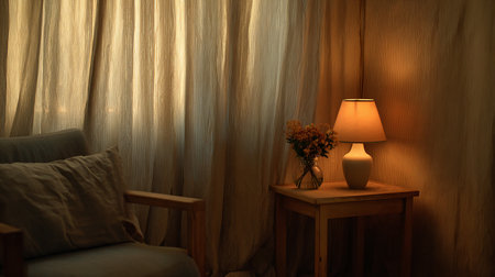 Lamp on the table in the living room with curtains and flowersの素材