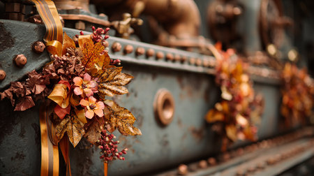 Wedding bouquet of autumn leaves on an old rusty trainの素材