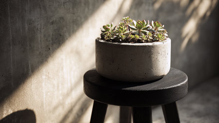 Succulent plant in a pot on a wooden chair against a concrete wallの素材
