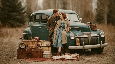 Romantic couple in love on the nature. Retro car and picnic.の素材