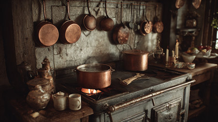 Old kitchen with copper pans and utensils in a rustic styleの素材