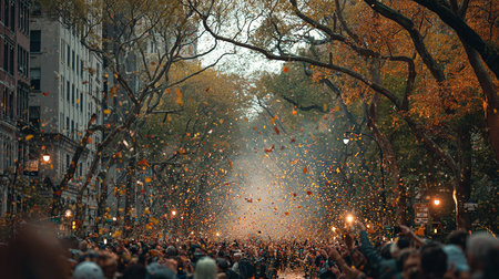 Crowds of people celebrating New Year's Eve in Manhattanの素材