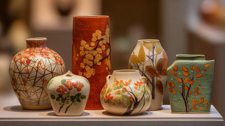 Ceramic vases with floral patterns in the exhibition hall.の素材