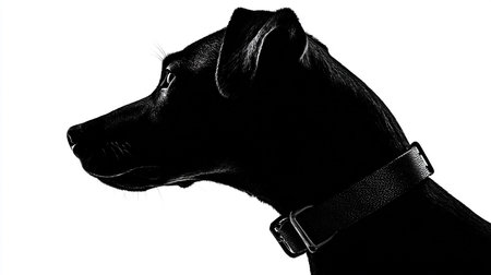 black dog silhouette isolated on white background, clipping path included, front viewの素材
