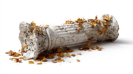 Ruined column with autumn leaves isolated on white background. 3d illustrationの素材