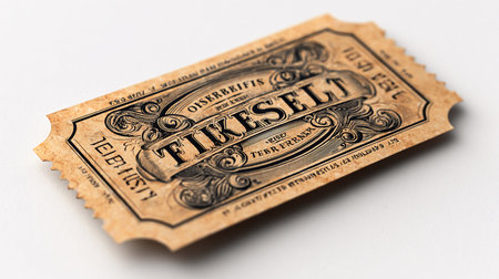 A closeup shot of a vintage cinema ticket isolated on a white backgroundの素材