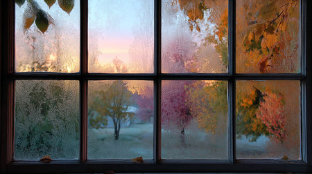 Beautiful autumn landscape through the window of a house in the villageの素材