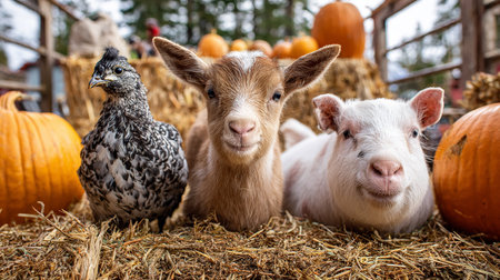 Cute little baby goat and chicken in a farm with pumpkinsの素材