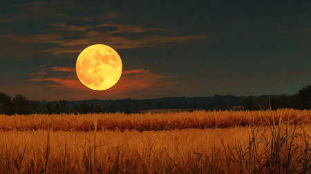Full moon over rice field at sunset, 3d render illustration.の素材