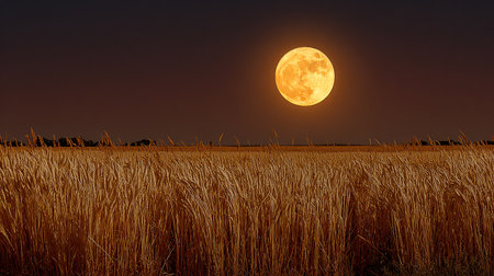Full moon over wheat field at night. Agricultural landscape in the countryside.の素材