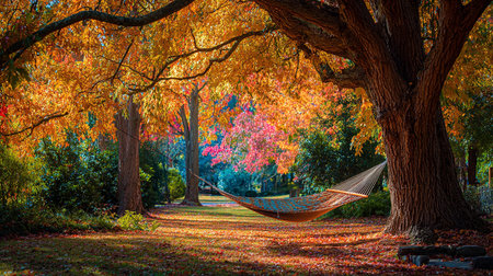 Hammock in the autumn park with colorful leaves and trees.の素材