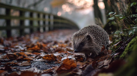 Hedgehog in the autumn forest. Wild, native, european hedgehog.の素材