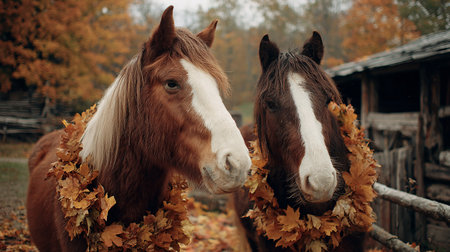 Two horses with a wreath of autumn leaves on their heads.の素材