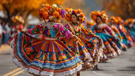 Group of dancers in ornate costumes performing at the annual Carnaval Andino con la Fuerza del Sol in Arica, Chile.の素材