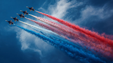 Fighter jets in the sky with red and blue smoke. 3d renderingの素材