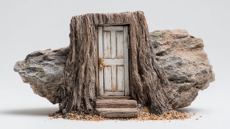 wooden door on a white background with a tree trunk and grainの素材
