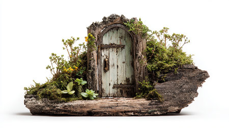 Old wooden door with moss and plants isolated on white background, clipping path includedの素材