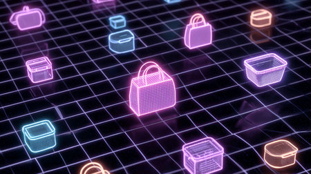 3d rendering of a neon shopping bag on a grid background.の素材
