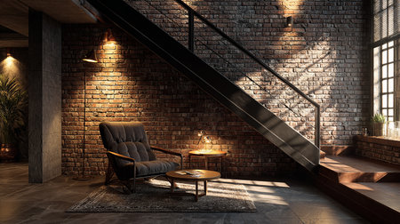 Modern loft interior design with armchair and stairs. 3D renderingの素材