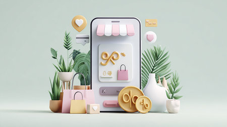 3d render of online shopping concept with mobile phone and shopping bagsの素材