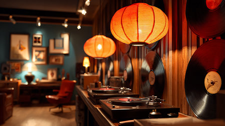 Vintage vinyl record player with red paper lanterns in a cafeの素材