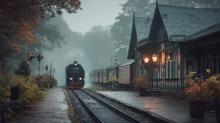 Old railway station in the foggy misty autumn morning, Polandの素材