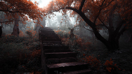 staircase in the forest in the morning fog, autumn landscapeの素材